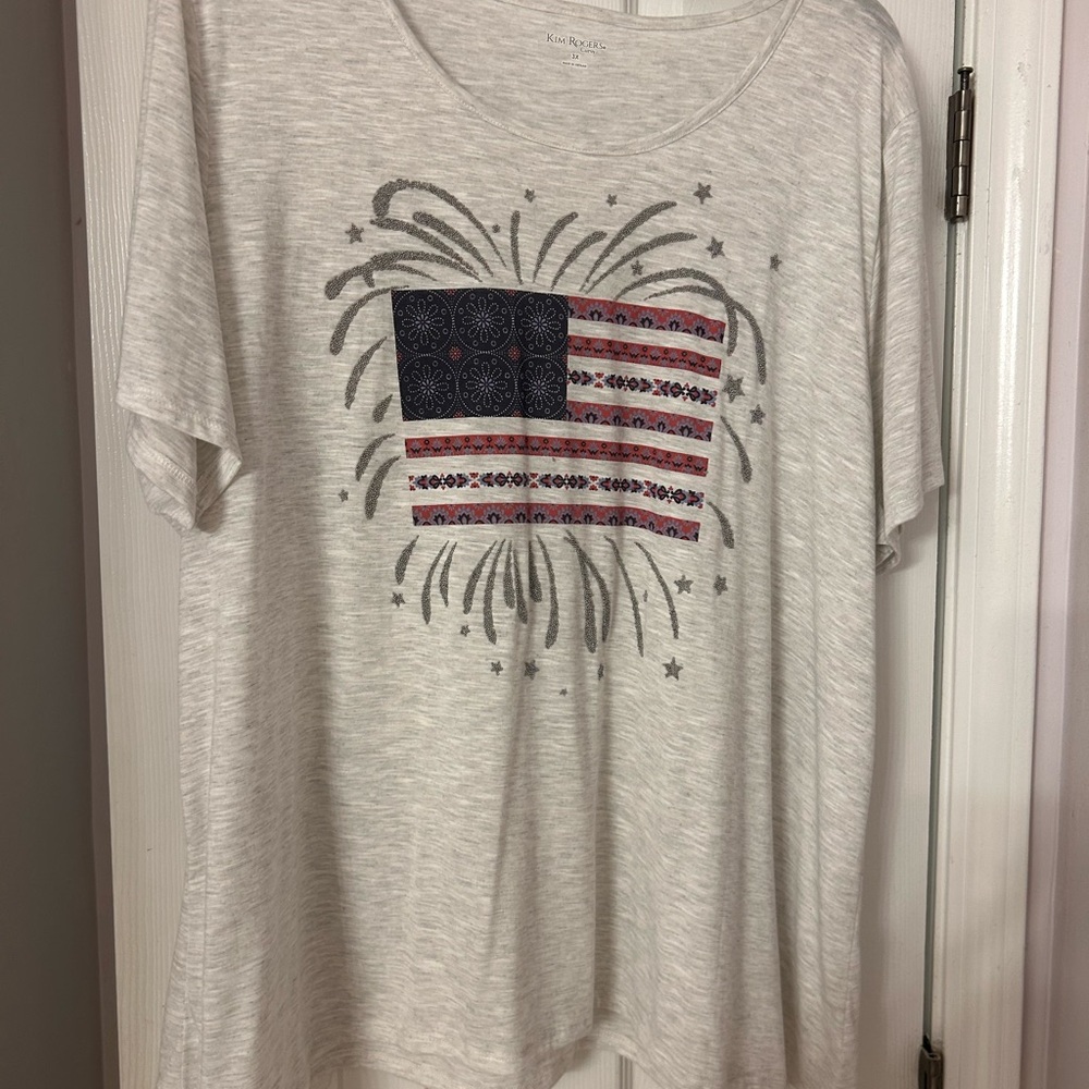 Karen Scott Light Gray Tee with Flag and Fireworks